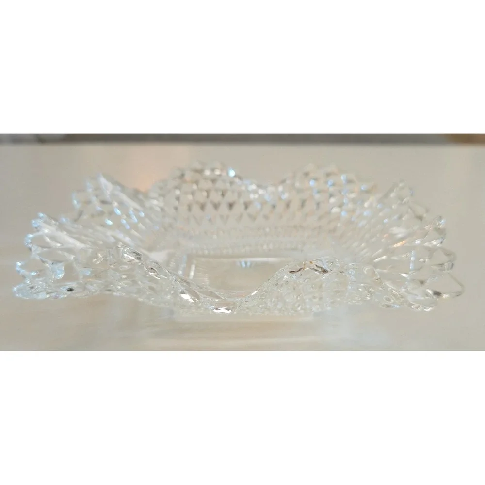 Vtg Clear Glass Imperial Diamond Point Ruffled Edge Candy Dish 7